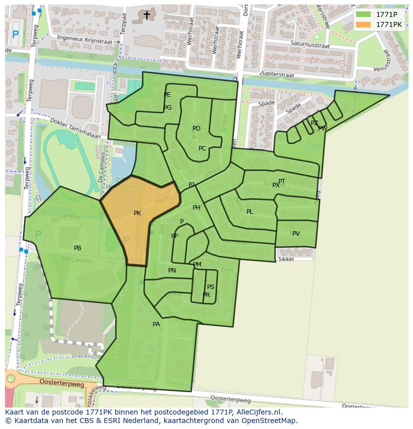 Afbeelding van het postcodegebied 1771 PK op de kaart.