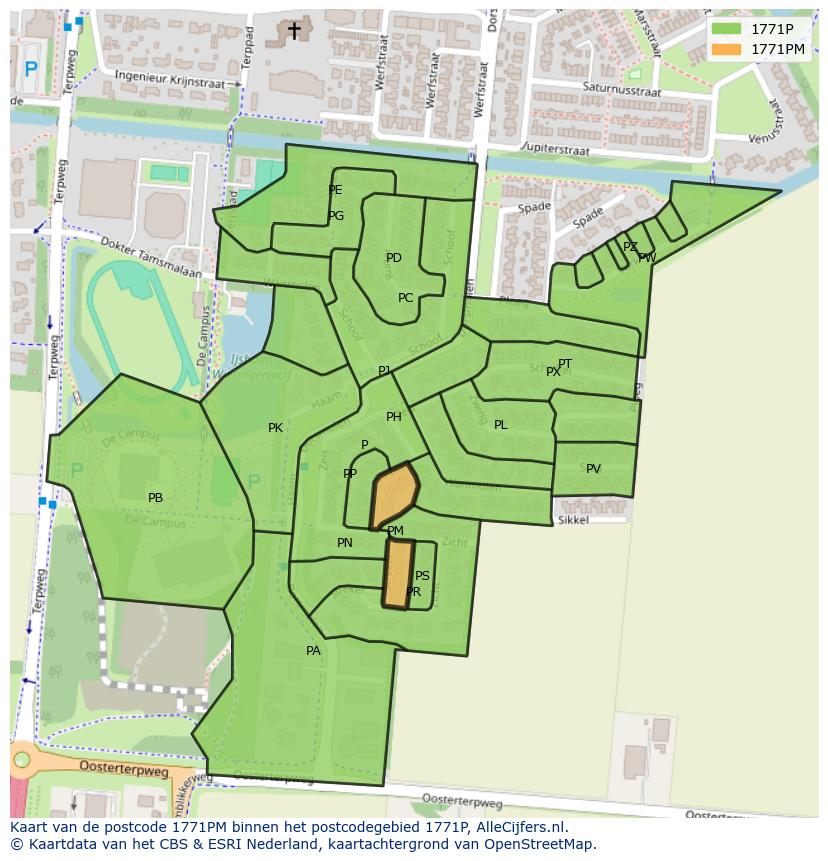 Afbeelding van het postcodegebied 1771 PM op de kaart.