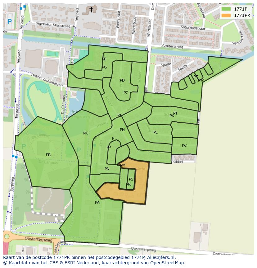 Afbeelding van het postcodegebied 1771 PR op de kaart.