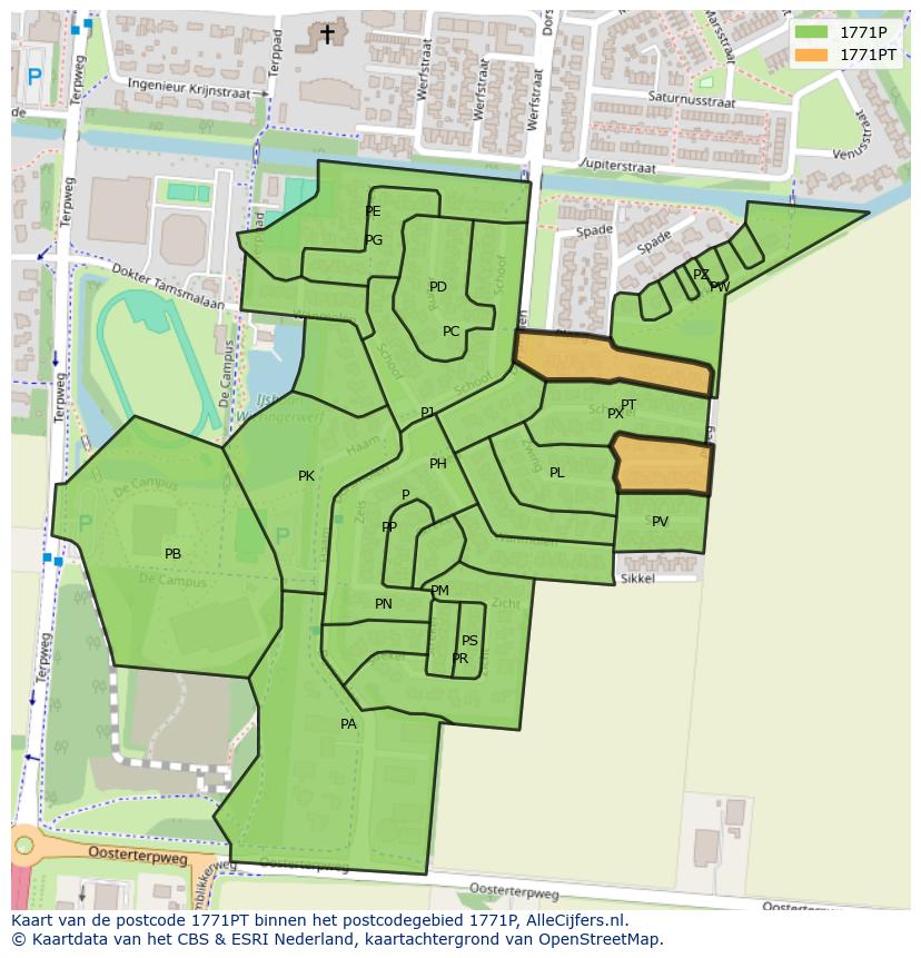 Afbeelding van het postcodegebied 1771 PT op de kaart.