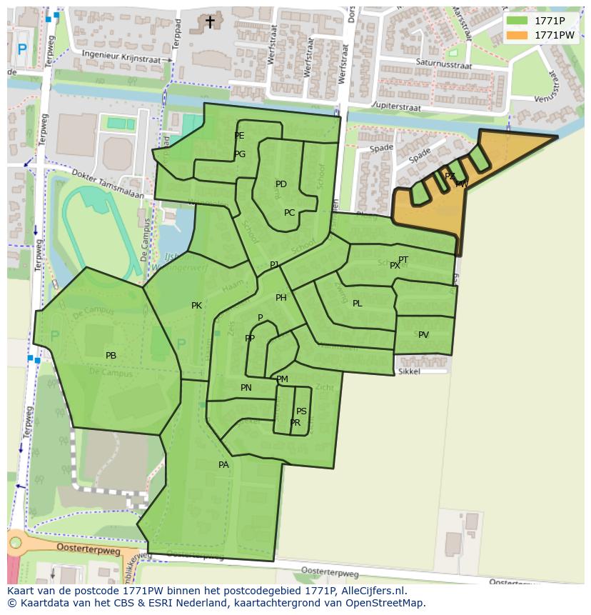 Afbeelding van het postcodegebied 1771 PW op de kaart.