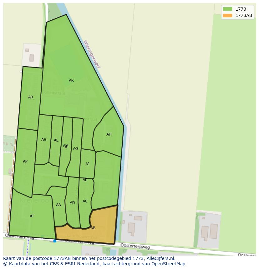 Afbeelding van het postcodegebied 1773 AB op de kaart.