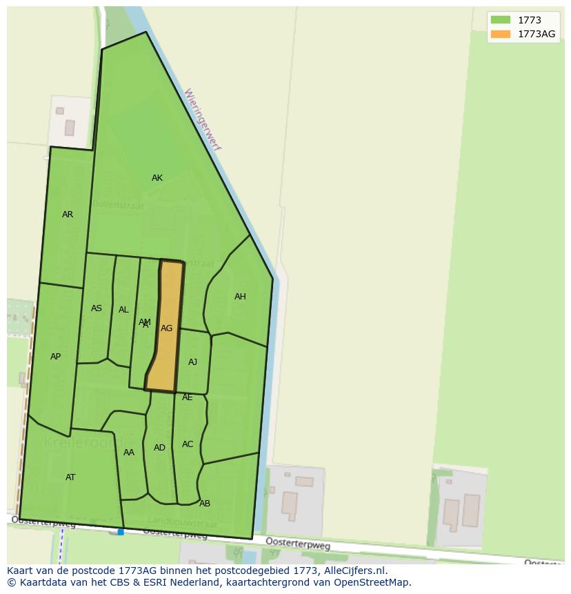 Afbeelding van het postcodegebied 1773 AG op de kaart.