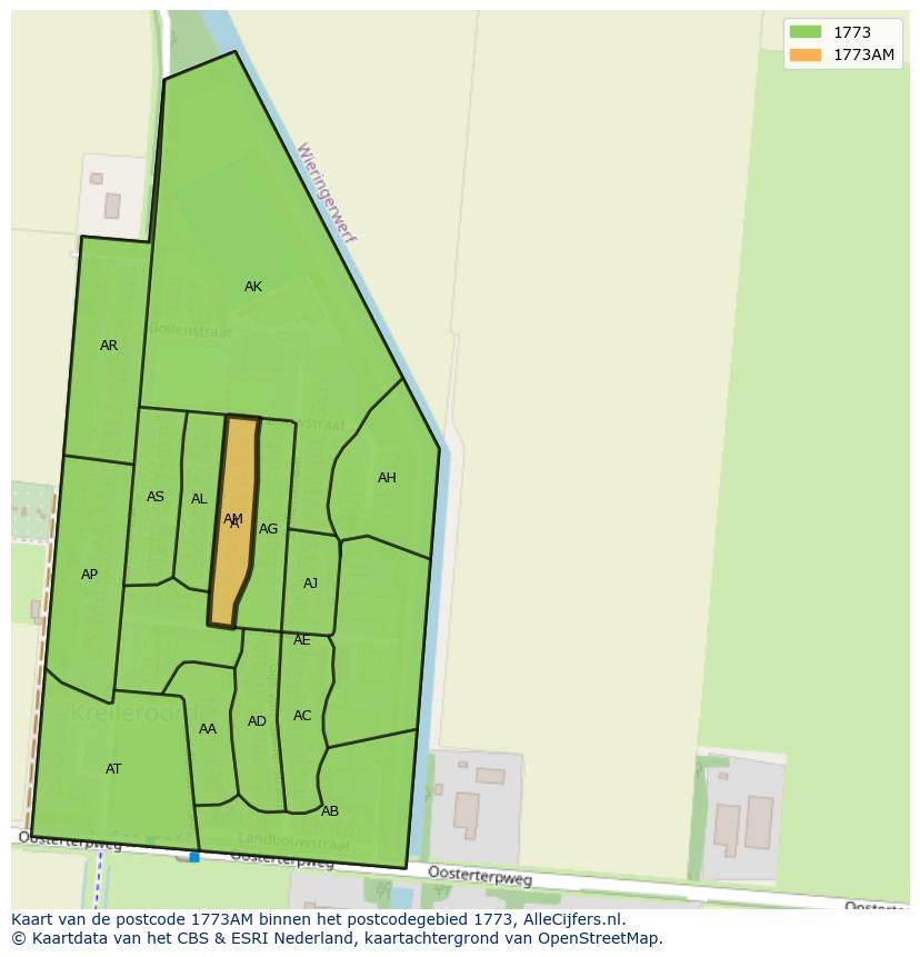 Afbeelding van het postcodegebied 1773 AM op de kaart.