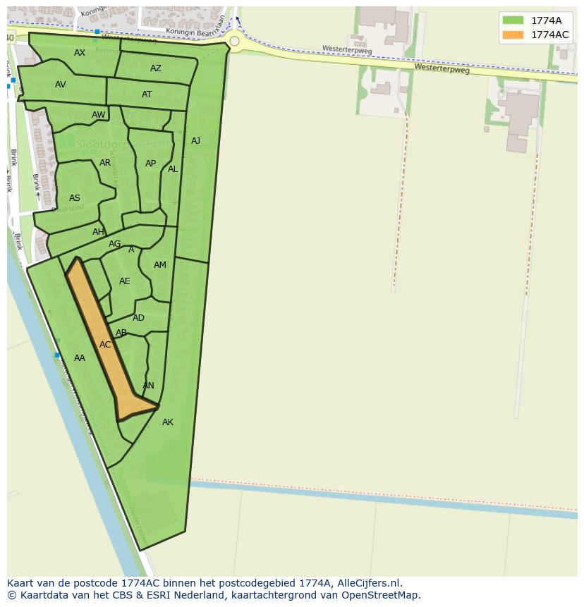 Afbeelding van het postcodegebied 1774 AC op de kaart.