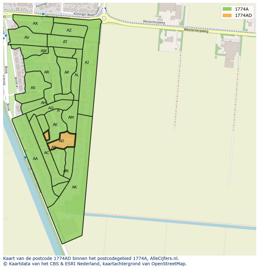 Afbeelding van het postcodegebied 1774 AD op de kaart.