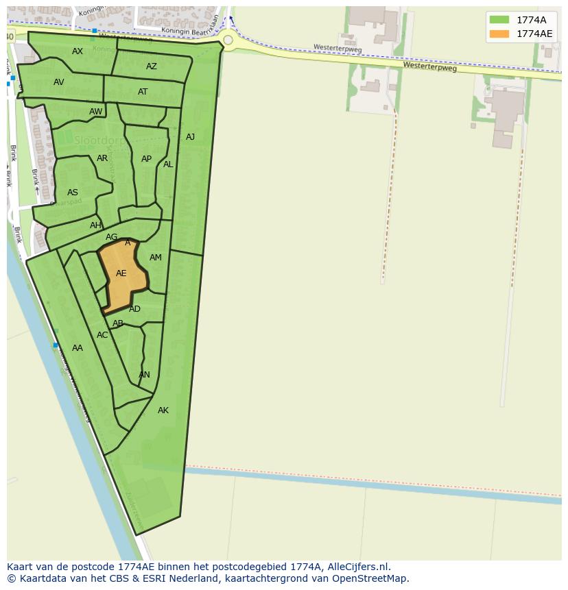 Afbeelding van het postcodegebied 1774 AE op de kaart.