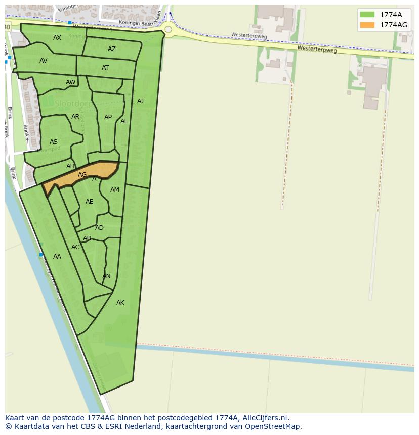 Afbeelding van het postcodegebied 1774 AG op de kaart.