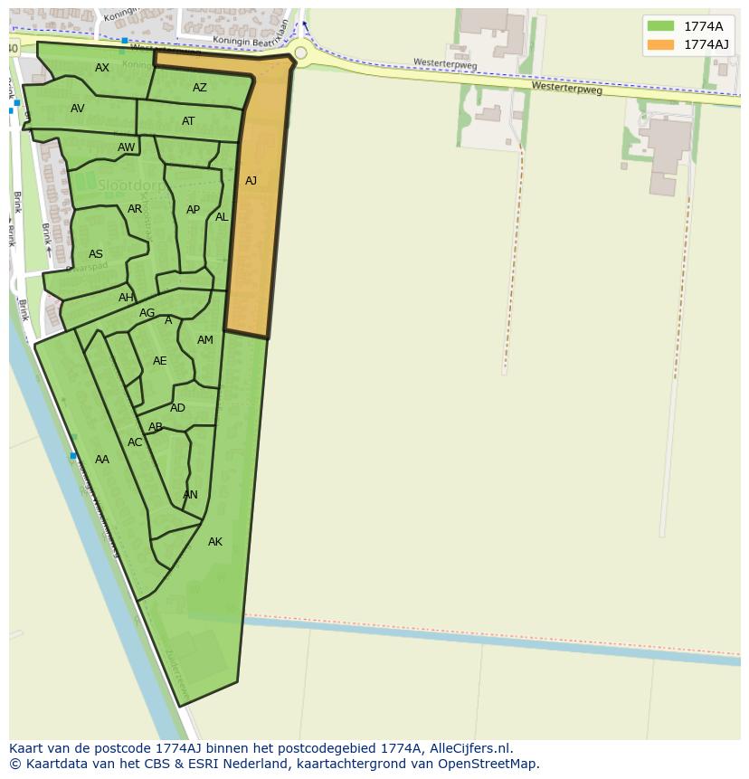 Afbeelding van het postcodegebied 1774 AJ op de kaart.