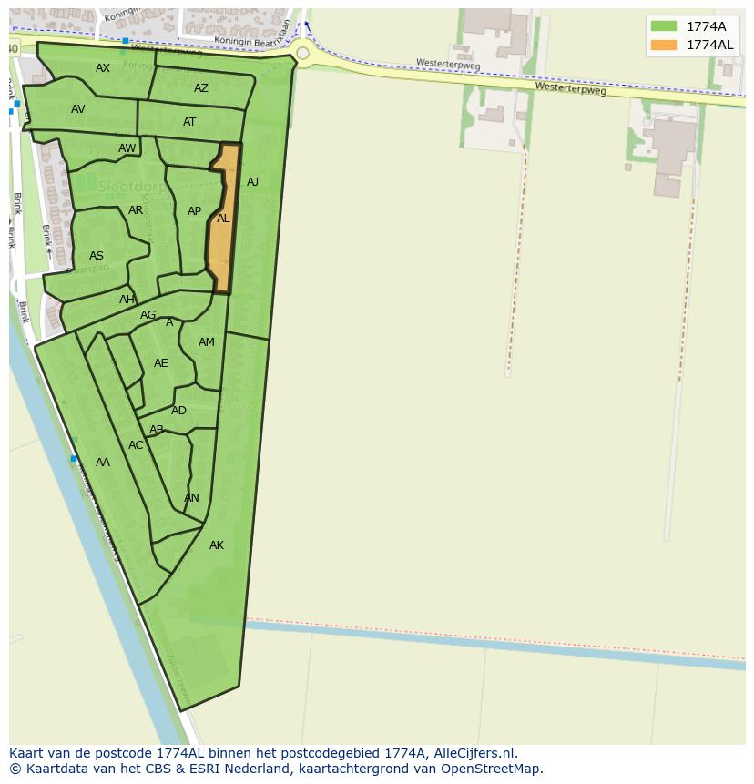 Afbeelding van het postcodegebied 1774 AL op de kaart.