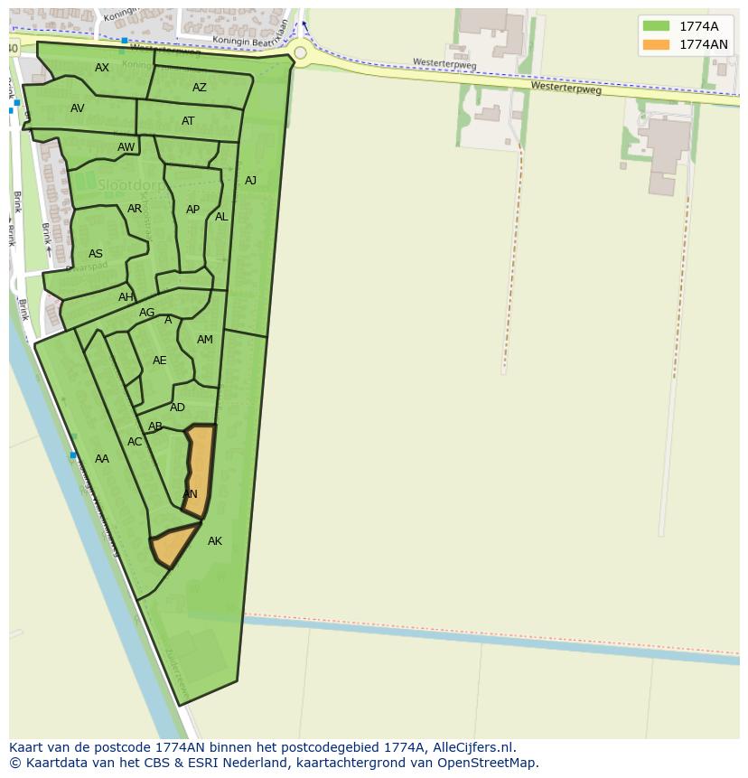 Afbeelding van het postcodegebied 1774 AN op de kaart.