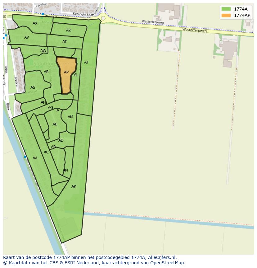 Afbeelding van het postcodegebied 1774 AP op de kaart.