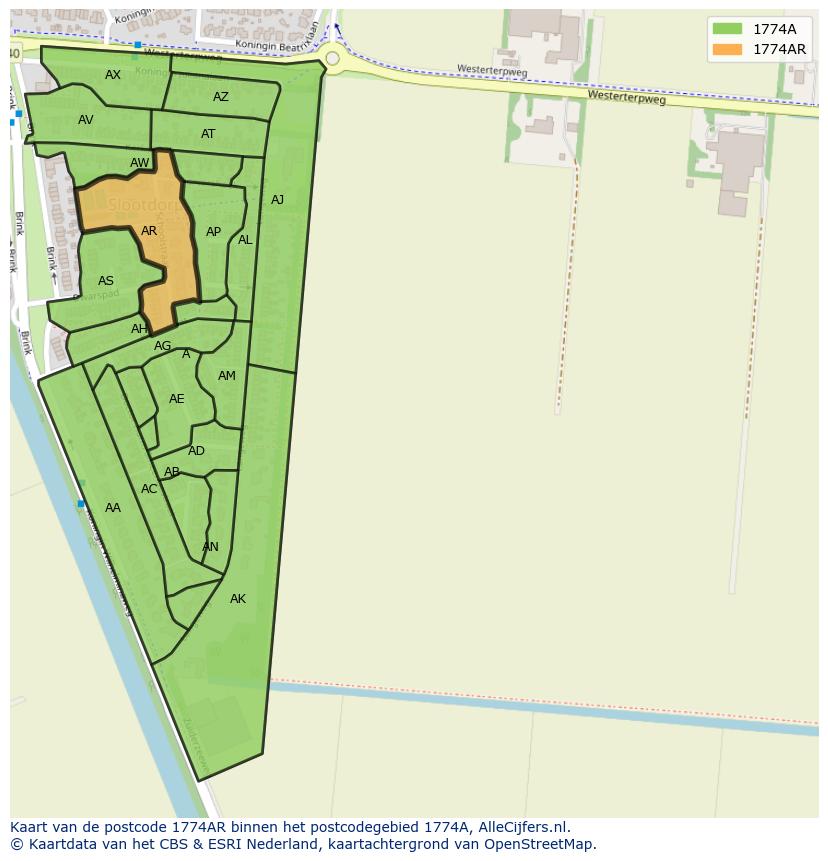 Afbeelding van het postcodegebied 1774 AR op de kaart.