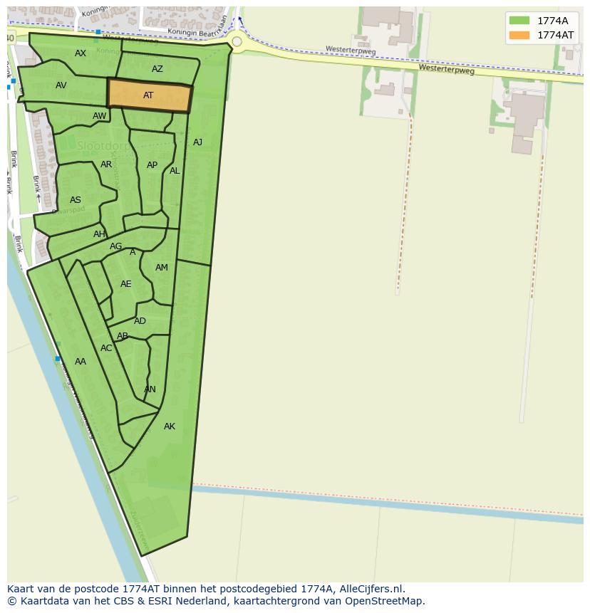 Afbeelding van het postcodegebied 1774 AT op de kaart.