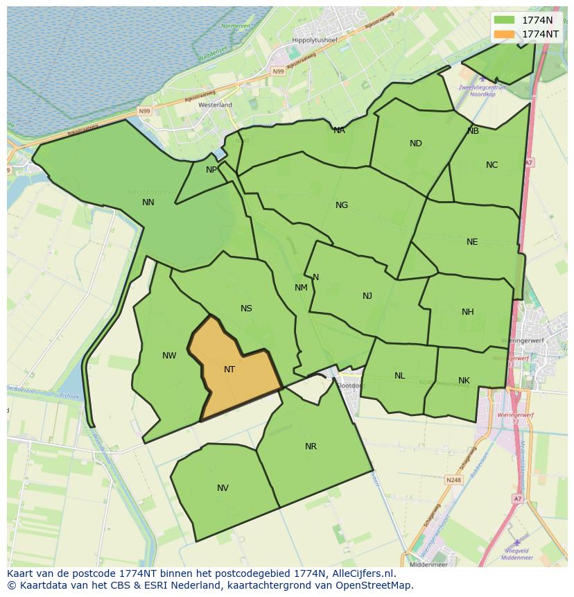 Afbeelding van het postcodegebied 1774 NT op de kaart.