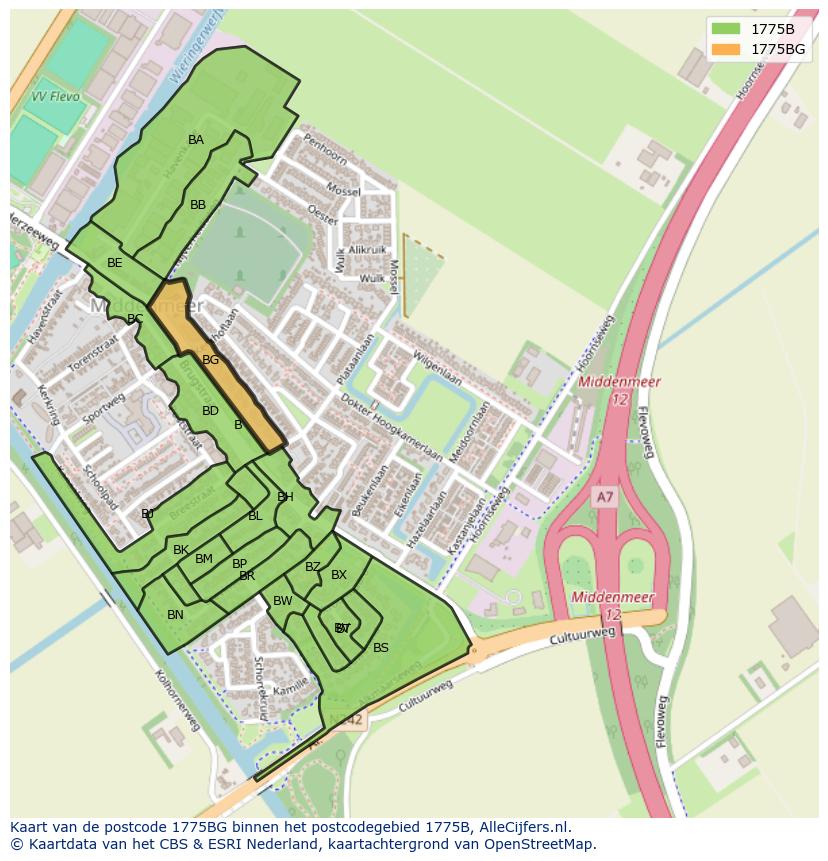 Afbeelding van het postcodegebied 1775 BG op de kaart.