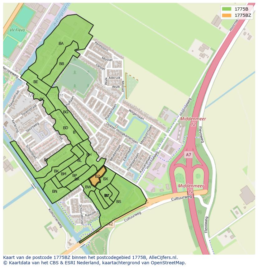 Afbeelding van het postcodegebied 1775 BZ op de kaart.
