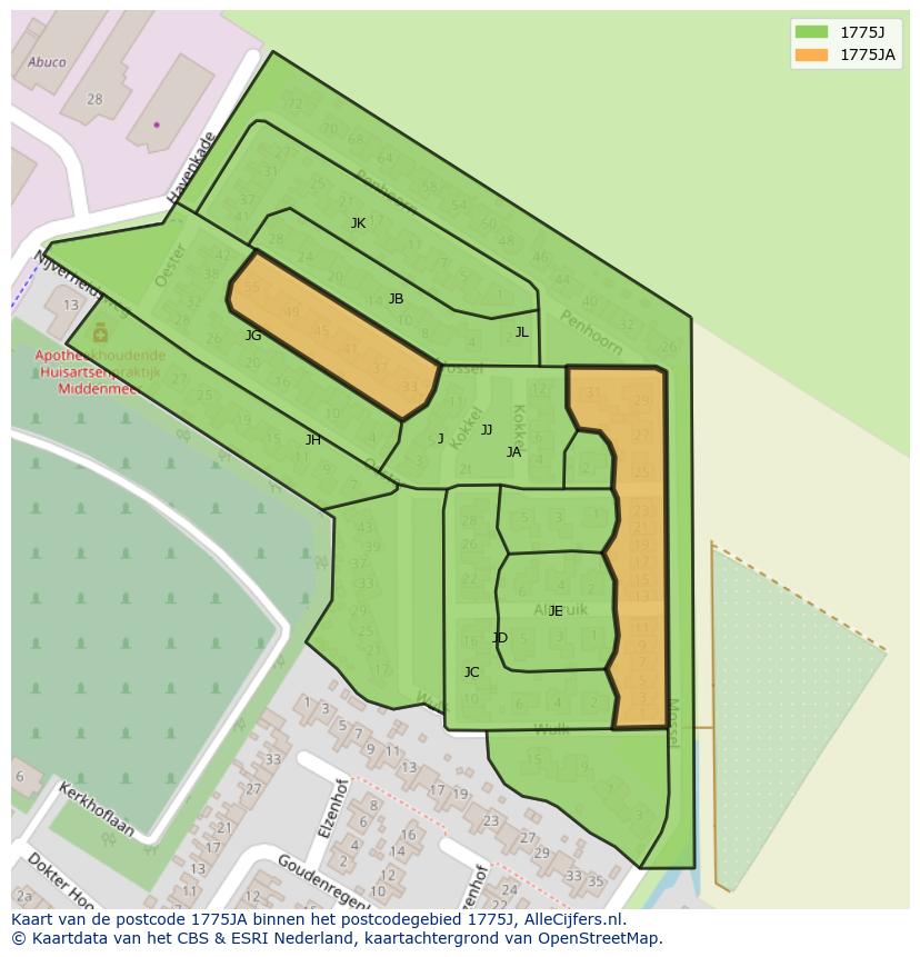 Afbeelding van het postcodegebied 1775 JA op de kaart.