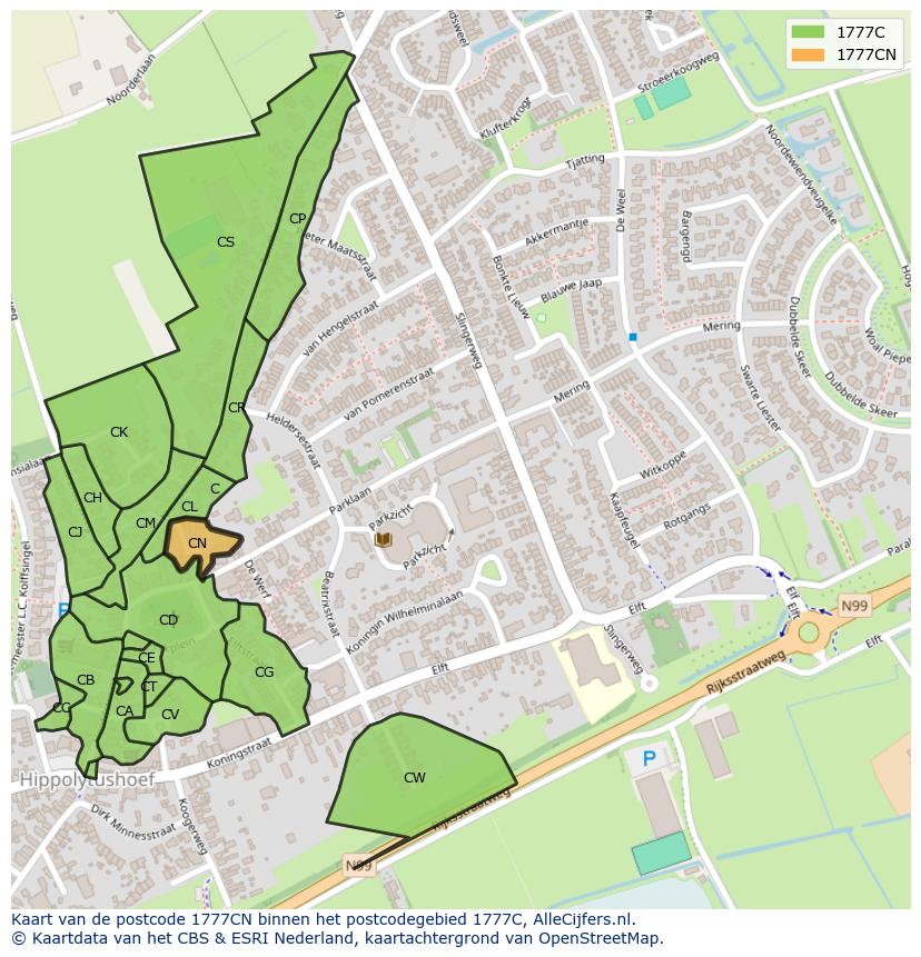 Afbeelding van het postcodegebied 1777 CN op de kaart.