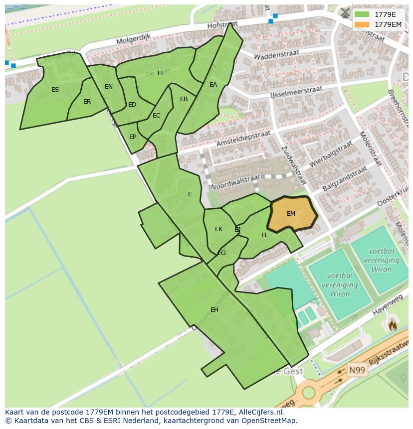 Afbeelding van het postcodegebied 1779 EM op de kaart.