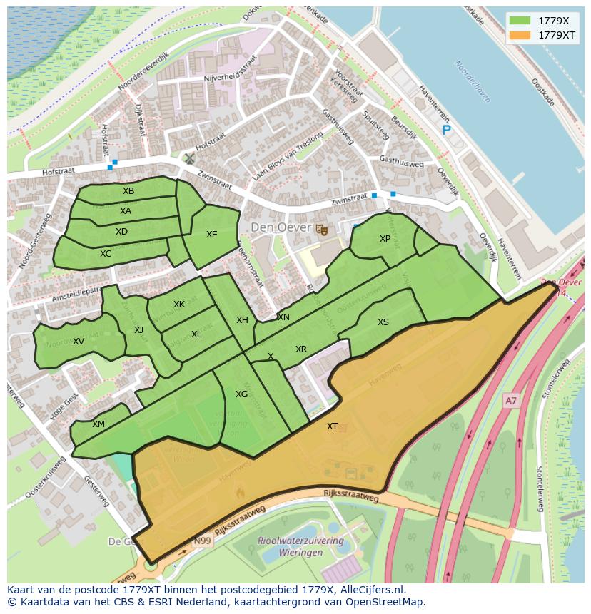 Afbeelding van het postcodegebied 1779 XT op de kaart.