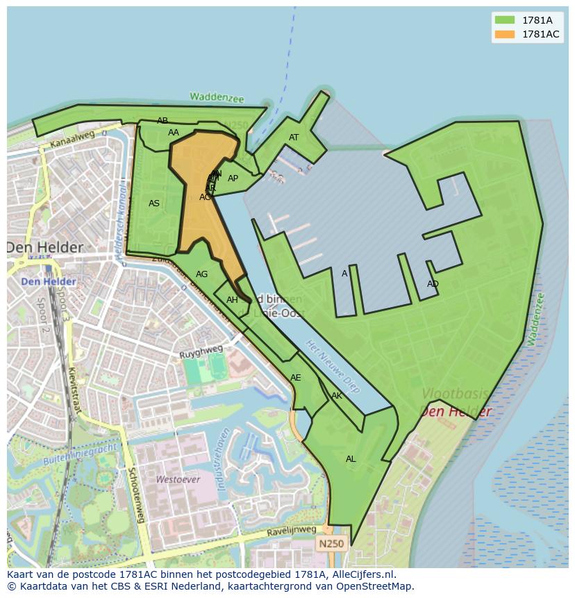 Afbeelding van het postcodegebied 1781 AC op de kaart.