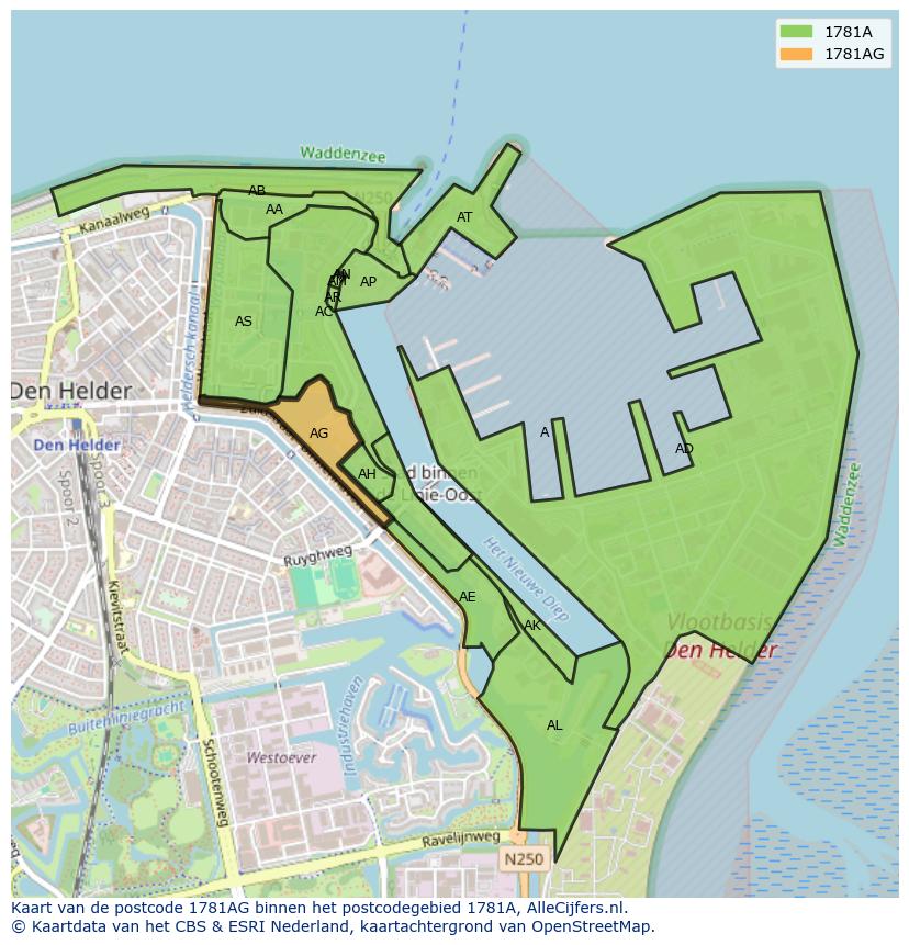 Afbeelding van het postcodegebied 1781 AG op de kaart.