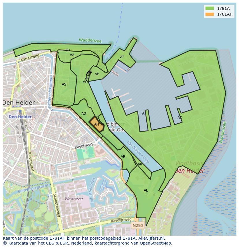 Afbeelding van het postcodegebied 1781 AH op de kaart.