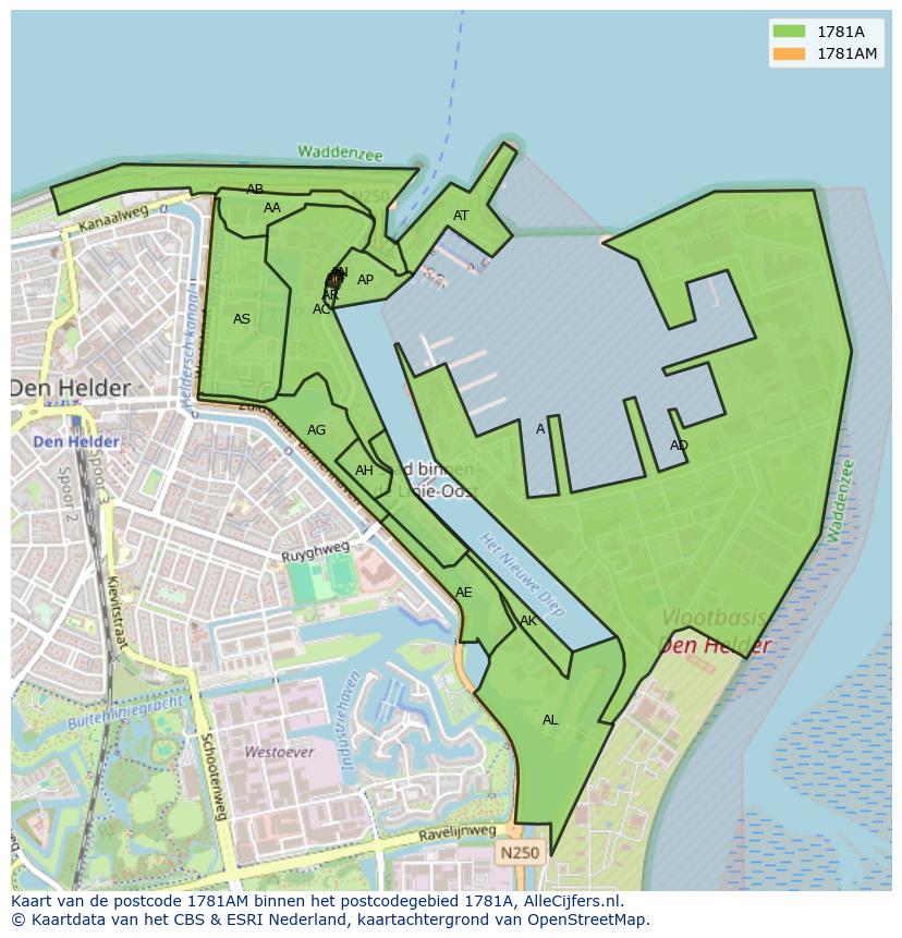Afbeelding van het postcodegebied 1781 AM op de kaart.