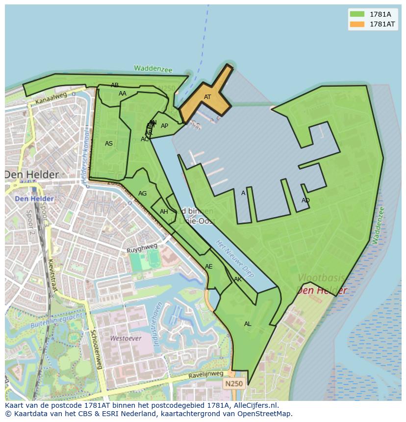 Afbeelding van het postcodegebied 1781 AT op de kaart.