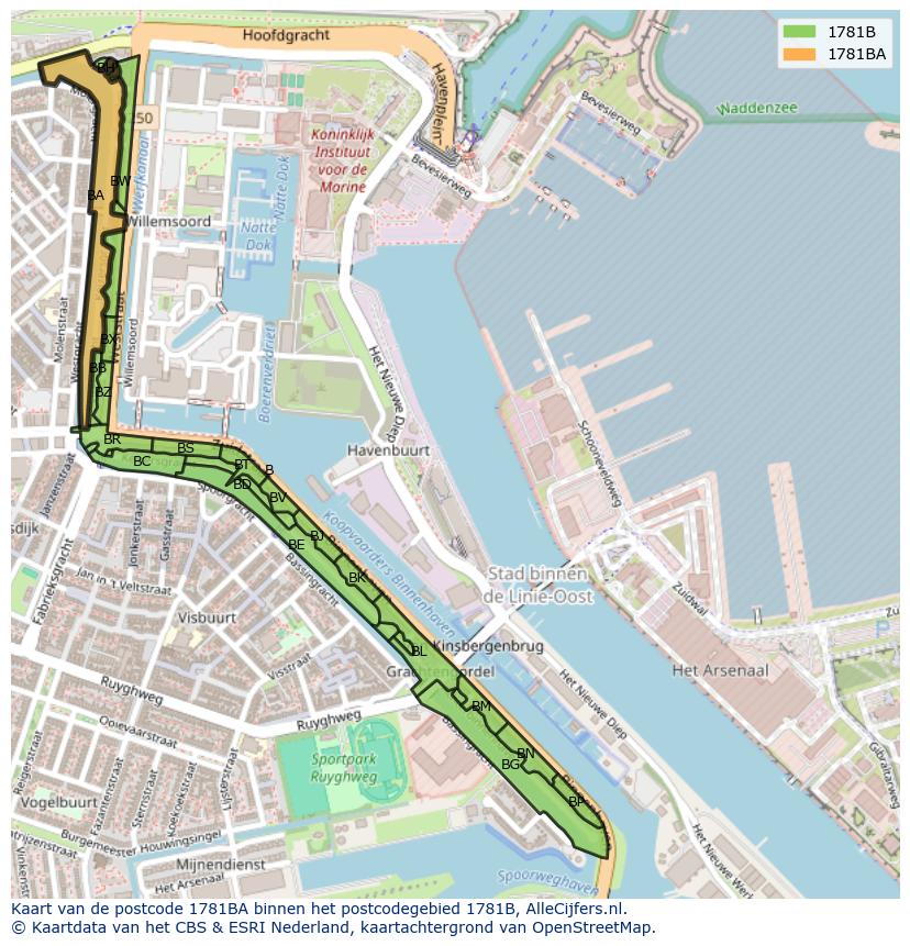 Afbeelding van het postcodegebied 1781 BA op de kaart.