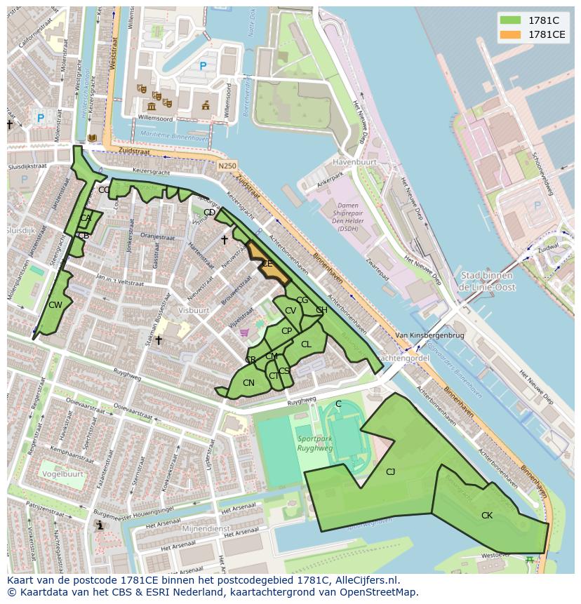 Afbeelding van het postcodegebied 1781 CE op de kaart.