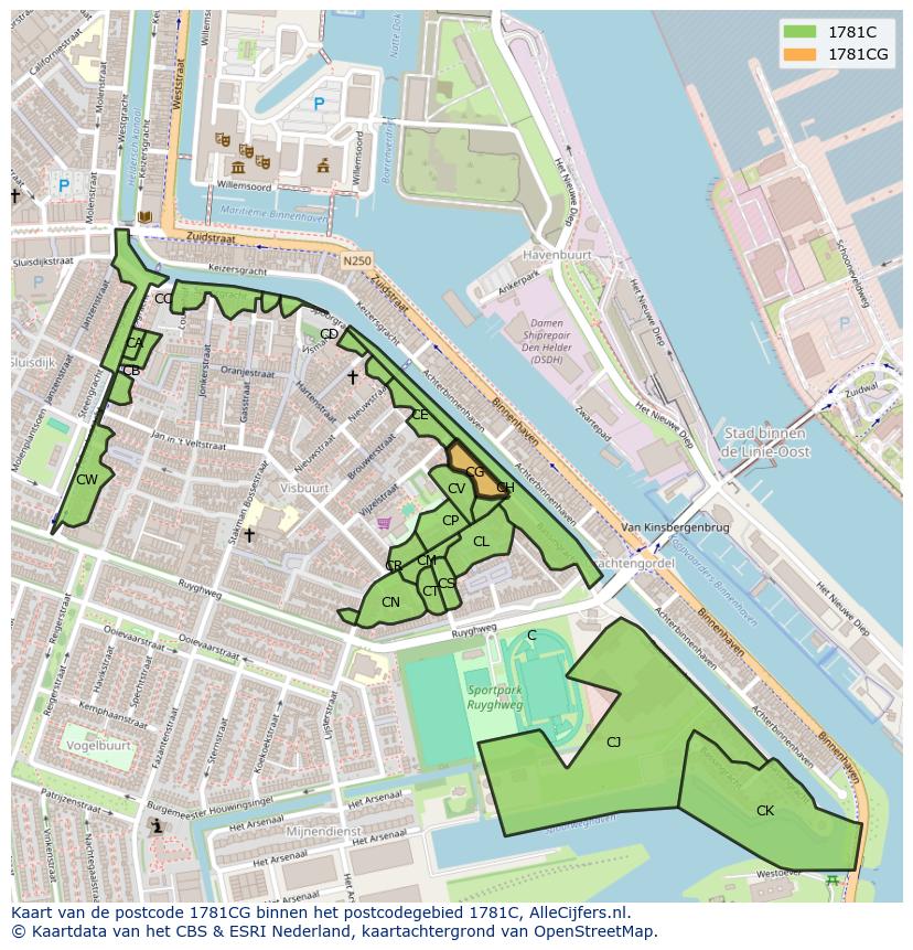 Afbeelding van het postcodegebied 1781 CG op de kaart.
