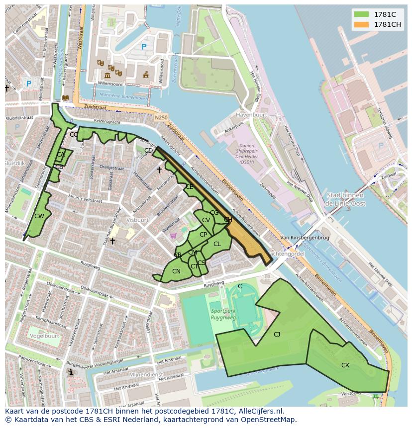 Afbeelding van het postcodegebied 1781 CH op de kaart.