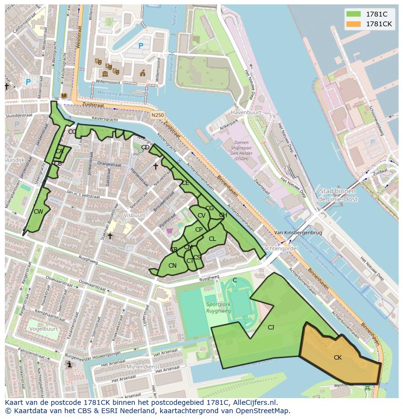 Afbeelding van het postcodegebied 1781 CK op de kaart.