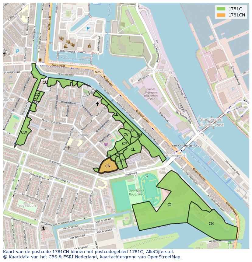 Afbeelding van het postcodegebied 1781 CN op de kaart.