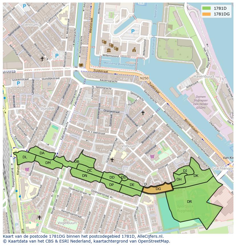 Afbeelding van het postcodegebied 1781 DG op de kaart.