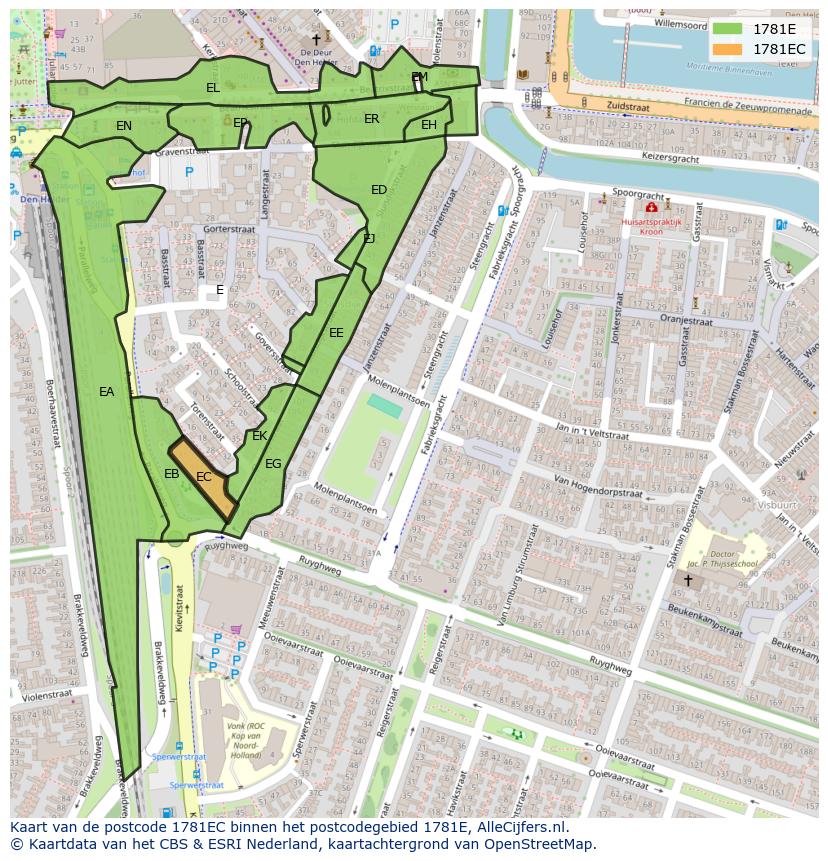 Afbeelding van het postcodegebied 1781 EC op de kaart.