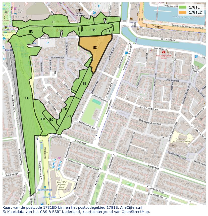 Afbeelding van het postcodegebied 1781 ED op de kaart.