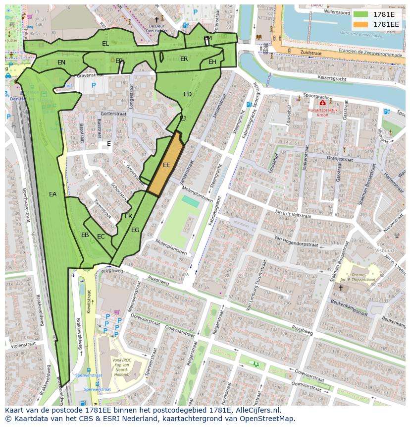 Afbeelding van het postcodegebied 1781 EE op de kaart.