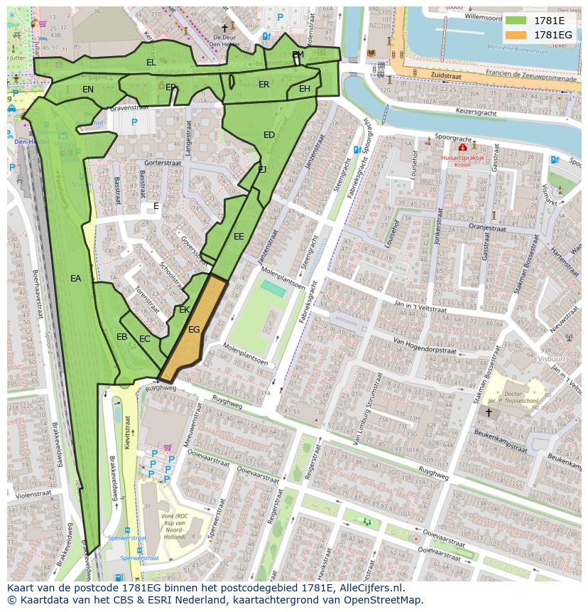 Afbeelding van het postcodegebied 1781 EG op de kaart.