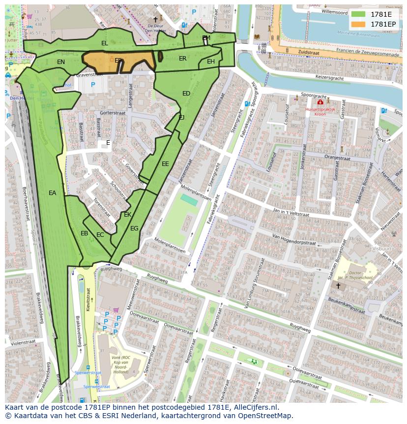 Afbeelding van het postcodegebied 1781 EP op de kaart.