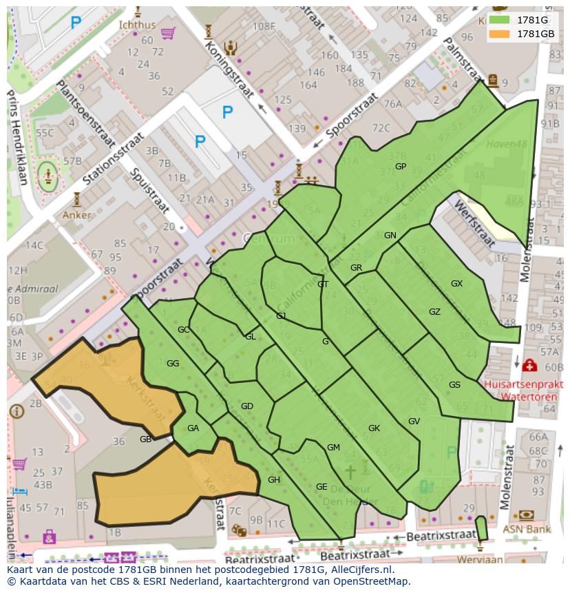 Afbeelding van het postcodegebied 1781 GB op de kaart.