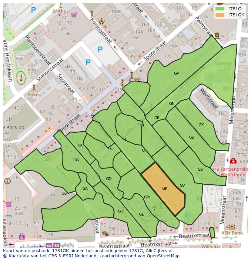 Afbeelding van het postcodegebied 1781 GK op de kaart.