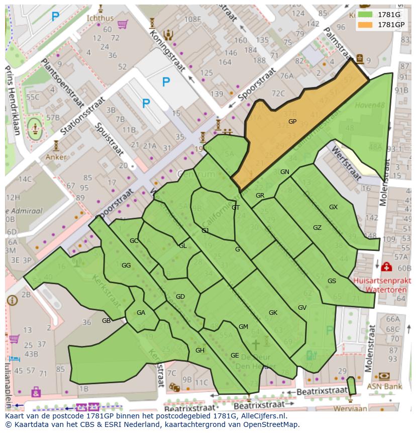 Afbeelding van het postcodegebied 1781 GP op de kaart.