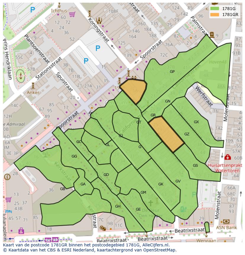 Afbeelding van het postcodegebied 1781 GR op de kaart.