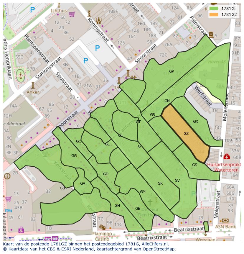 Afbeelding van het postcodegebied 1781 GZ op de kaart.