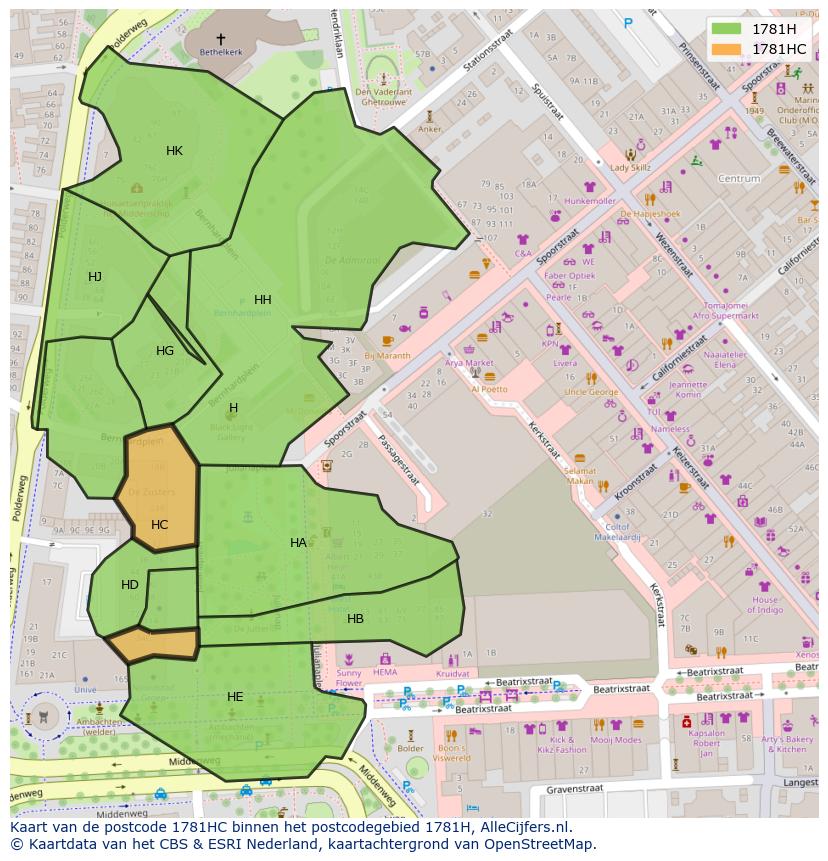Afbeelding van het postcodegebied 1781 HC op de kaart.