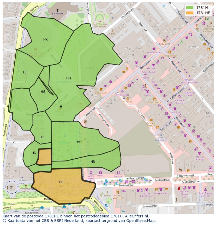 Afbeelding van het postcodegebied 1781 HE op de kaart.