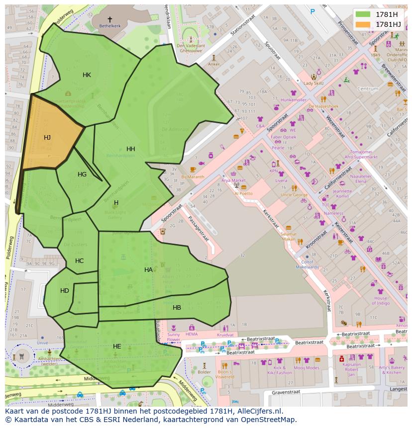 Afbeelding van het postcodegebied 1781 HJ op de kaart.